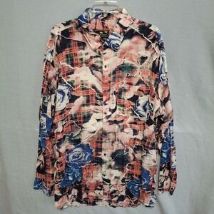 French Crown Men's Abstract Floral Plaid Shirt‎ Size 50 (4XL) Long Sleeve Cotton